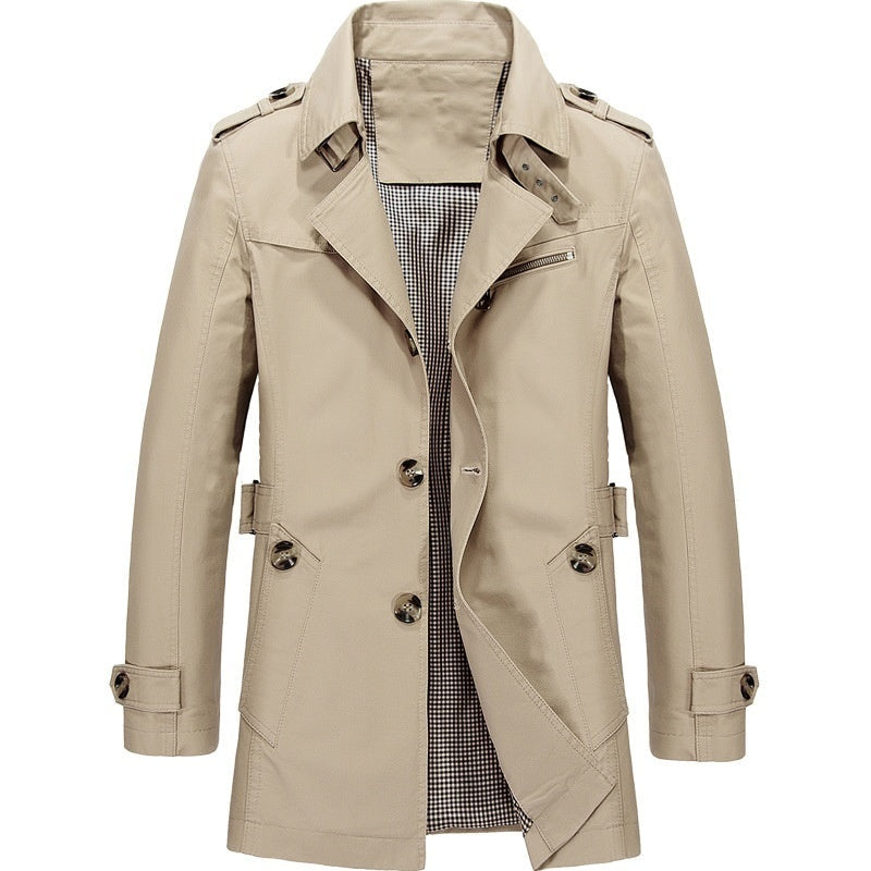 Beige single-breasted trench coat with epaulettes, shown on mannequin, checkered lining visible | Chaps London
