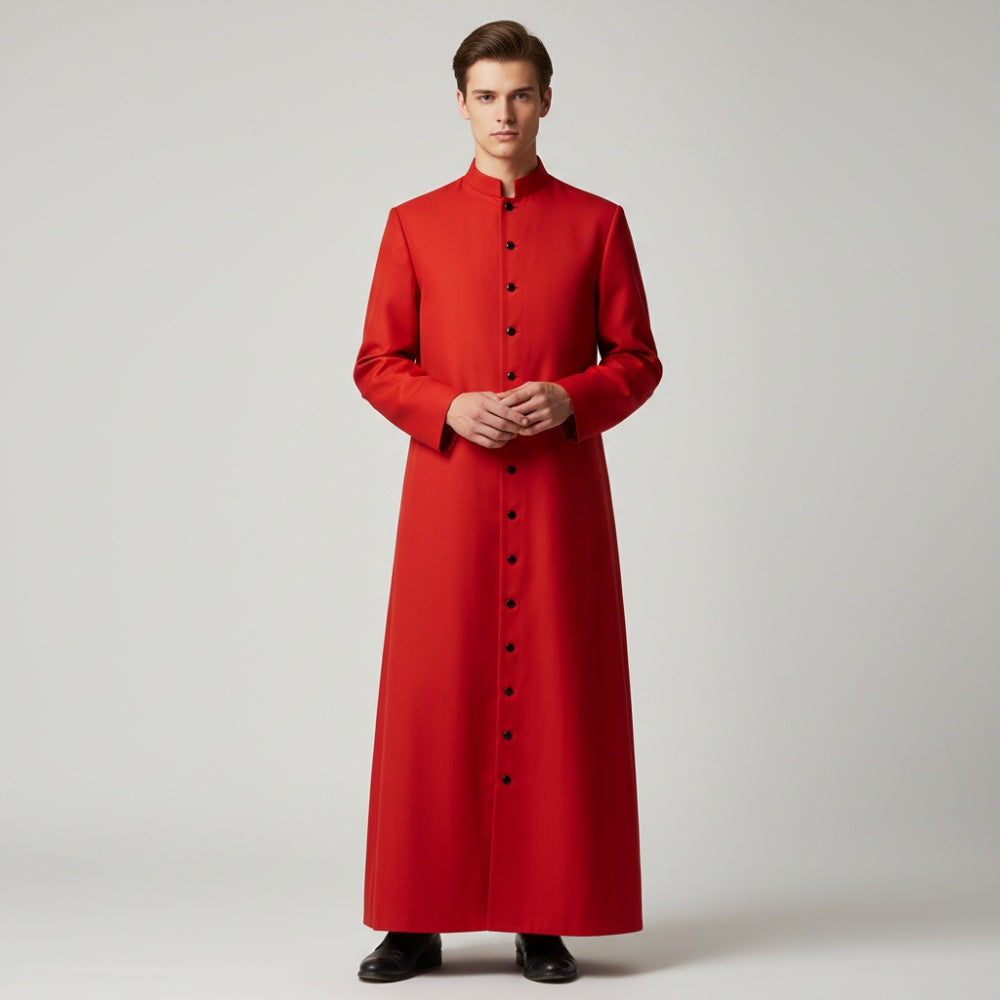 Red cassock with stand collar and button front, worn by man | Chaps London