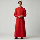 Red cassock with stand collar and button front, worn by man | Chaps London