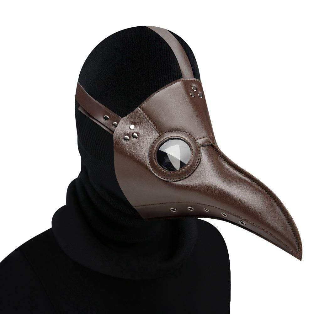 Brown plague doctor mask with round eye lens worn by person | Chaps London