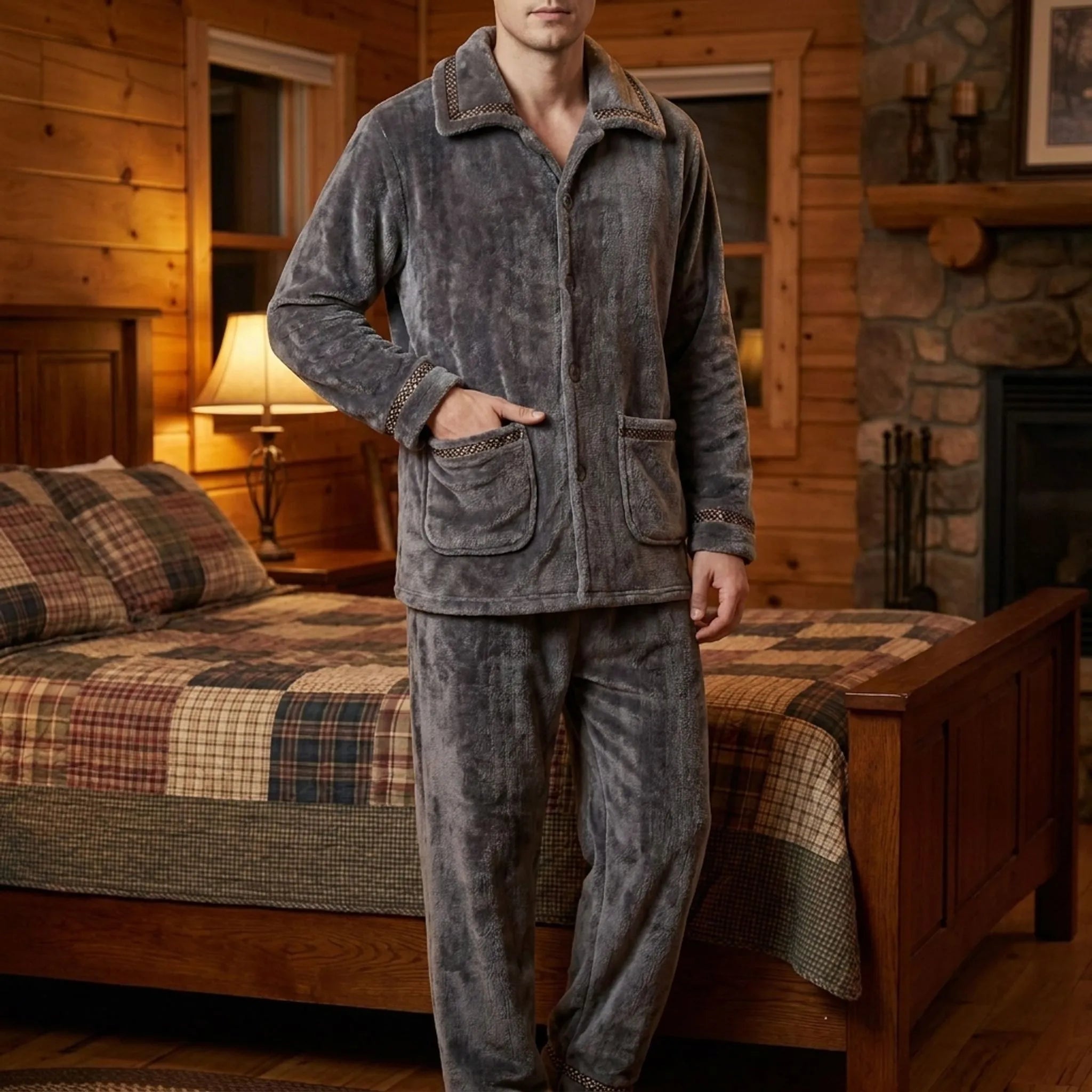 Men's Fleece Pyjamas with Collar | Button Front | 7 Styles