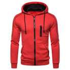Red zip-up hoodie with black drawstrings and contrast trim, worn by person | Chaps London