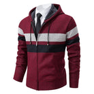 Burgundy hooded zip cardigan with striped chest, worn by a mannequin | Chaps London