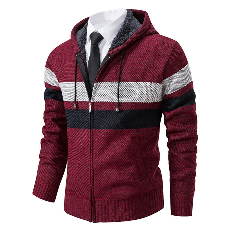 Burgundy hooded zip cardigan with striped chest, worn by a mannequin | Chaps London