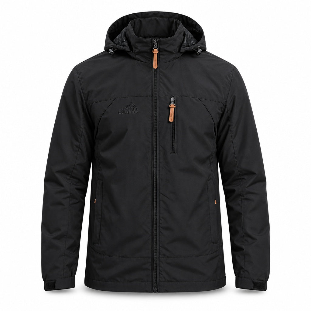 Black hooded jacket with zip pockets, worn by a person, front view | Chaps London