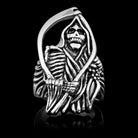 Silver-tone ring featuring hooded Grim Reaper design with scythe, shown standalone | Chaps London