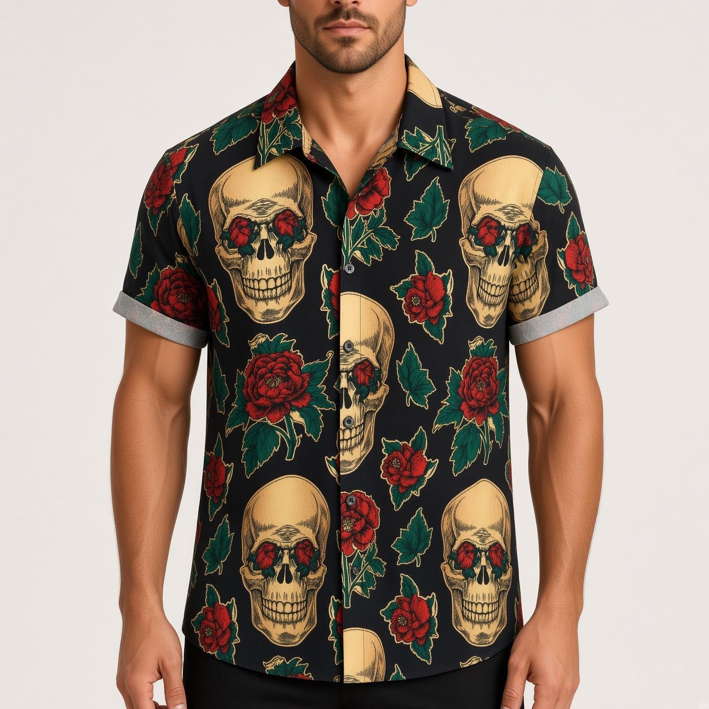 Man wearing black shirt with skull and rose floral print, short sleeves | Chaps London