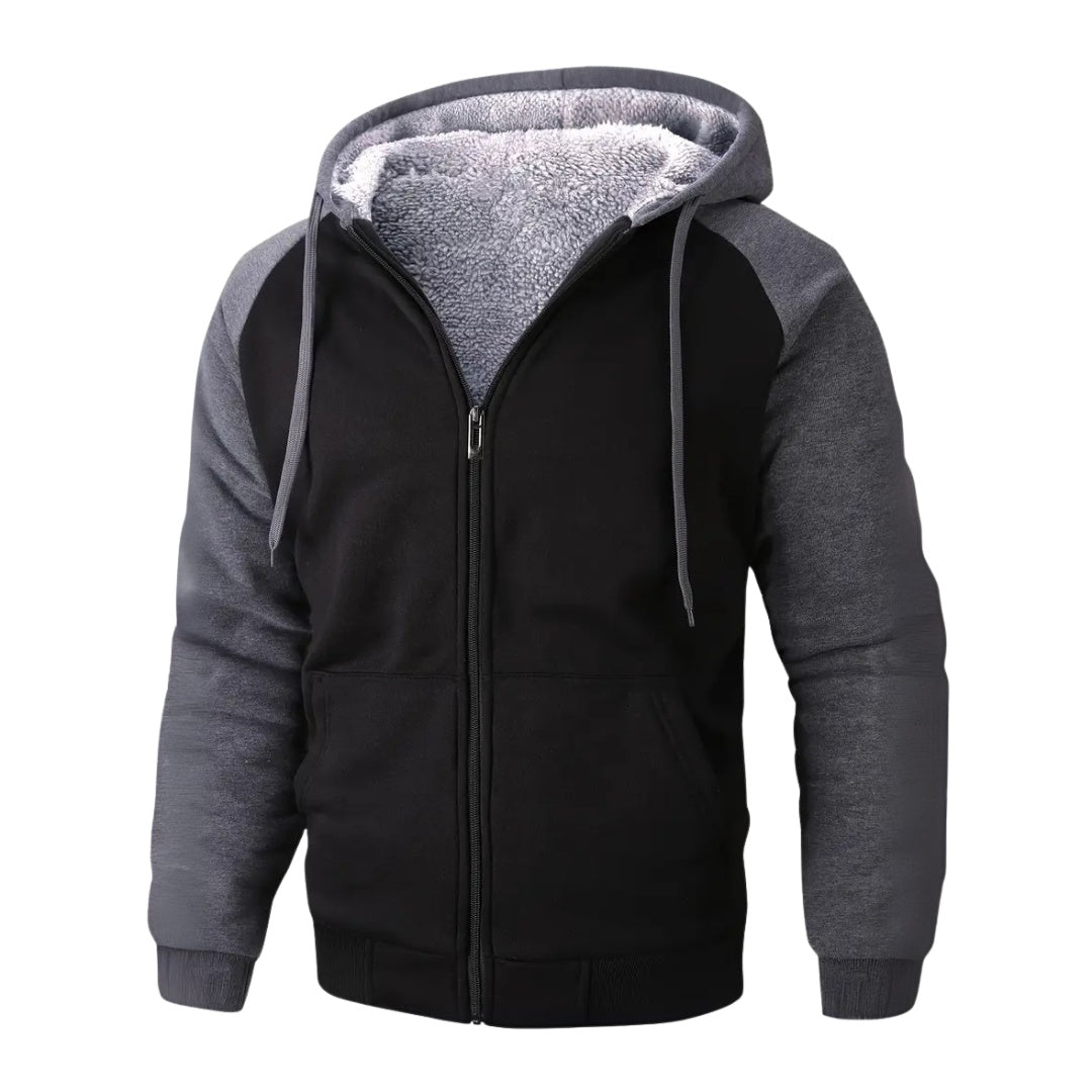 Black zip hoodie with grey contrast sleeves and sherpa-lined hood on mannequin | Chaps London