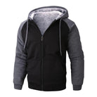 Black zip hoodie with grey contrast sleeves and sherpa-lined hood on mannequin | Chaps London