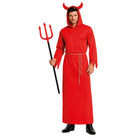 Man wearing red hooded devil costume robe, holding red pitchfork prop | Chaps London