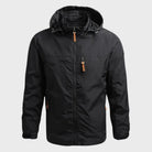 Black hooded rain jacket with zip pockets, shown on mannequin | Chaps London
