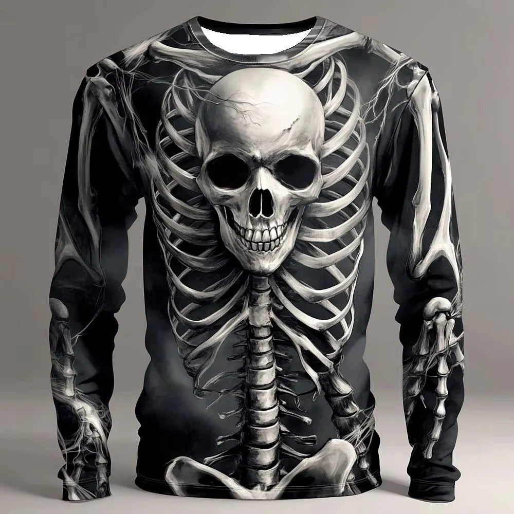 Gray skull skeleton print long sleeve top worn by male model | Chaps London