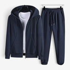 Navy blue waffle-texture zip hoodie and matching joggers on hanger display | Chaps London