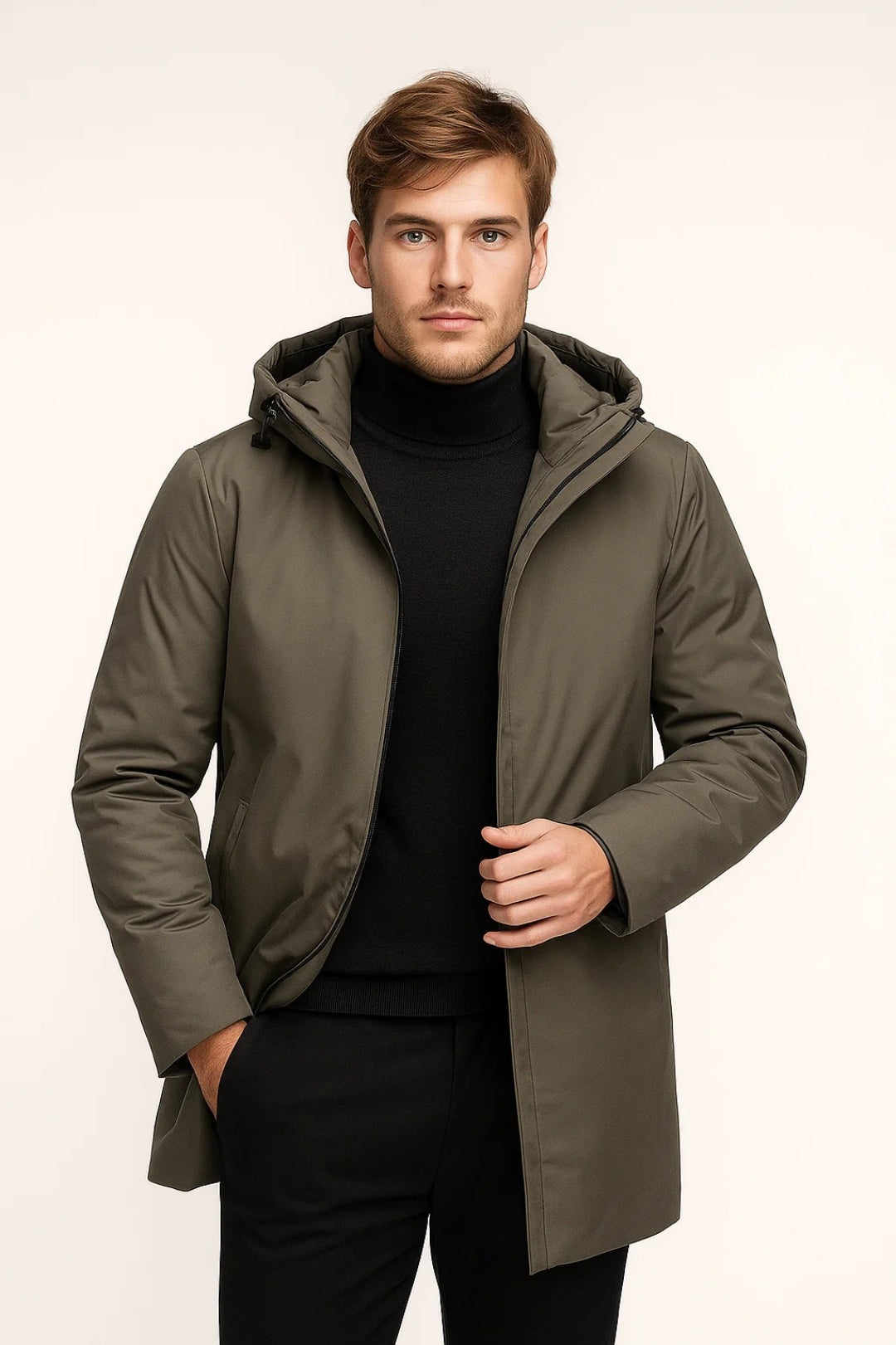 Man wearing olive green hooded parka with black turtleneck and trousers | Chaps London