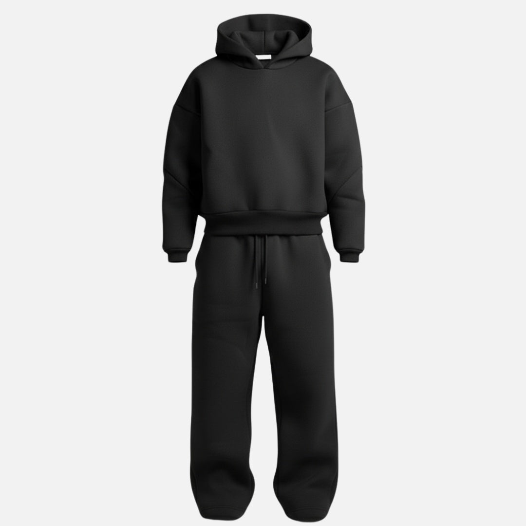 Black oversized hoodie and wide-leg jogger tracksuit, flat lay, drawstring details visible | Chaps London