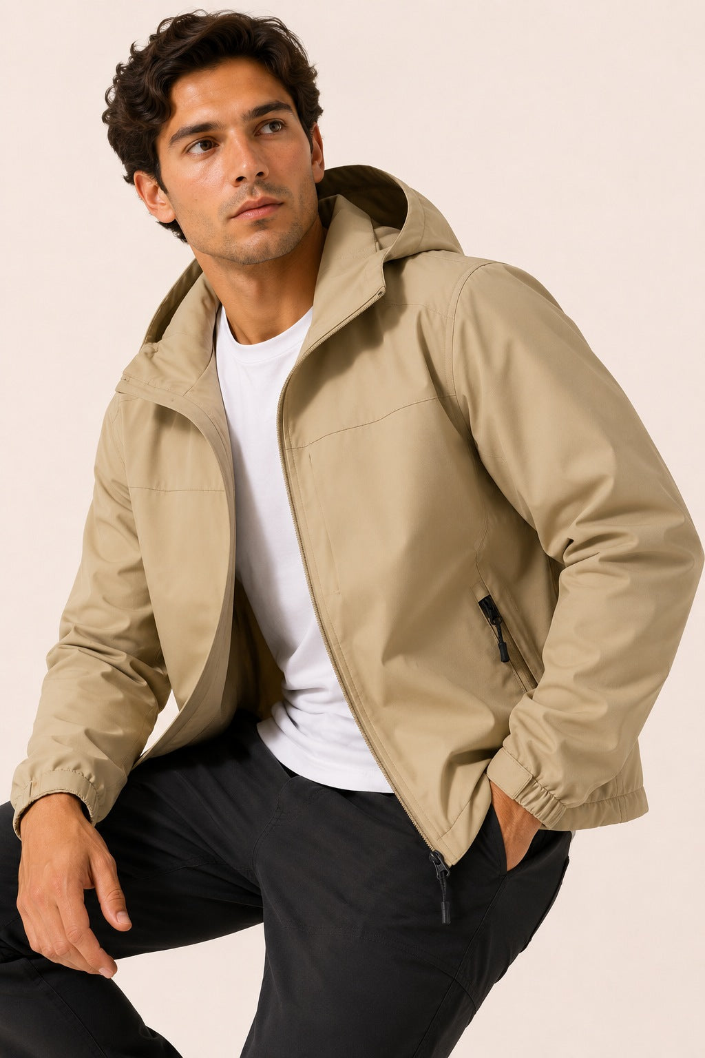 Man wearing beige hooded zip jacket with white shirt and black pants | Chaps London