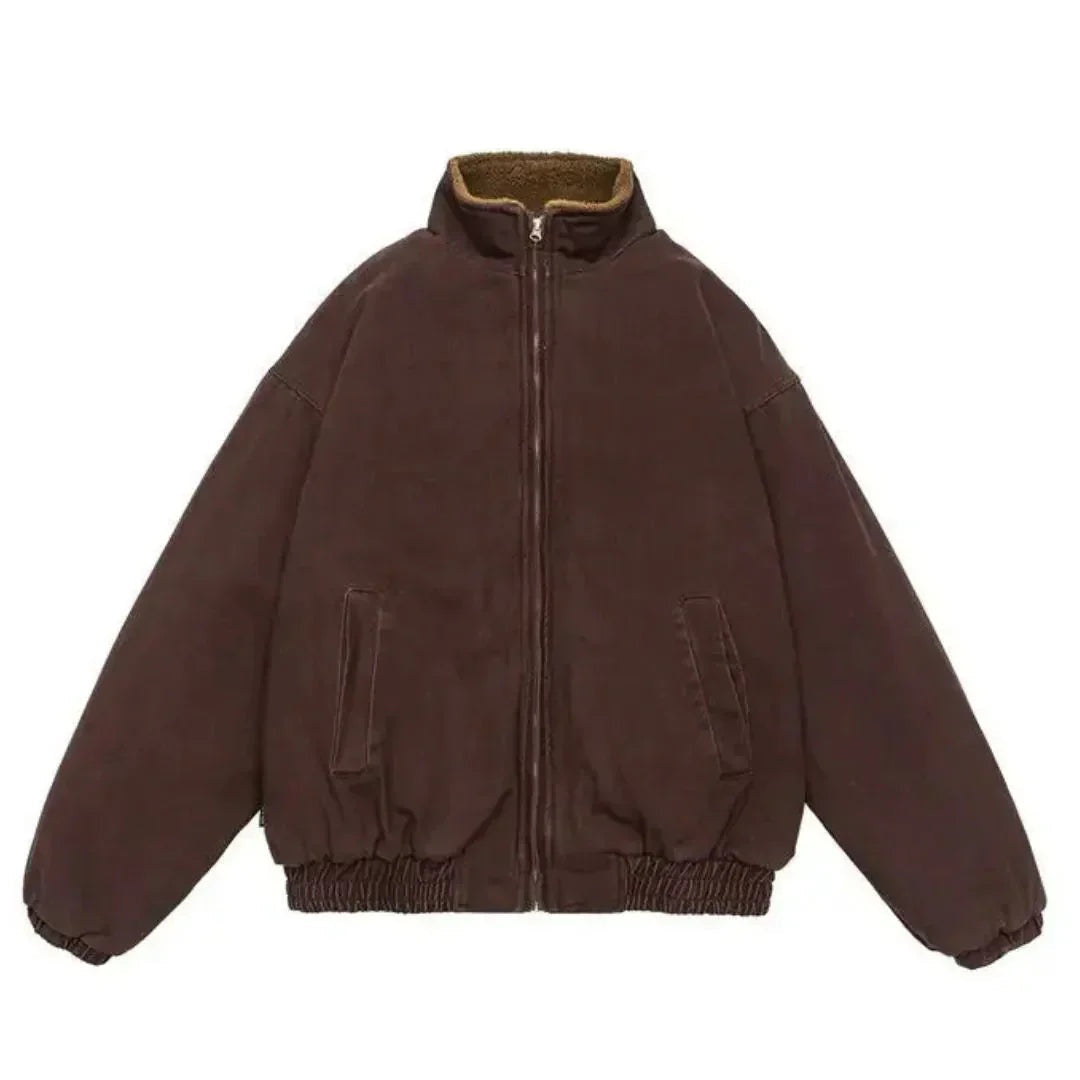 Brown sherpa-lined jacket with stand collar, flat lay, front view | Chaps London