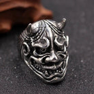 Silver Oni demon ring with horns, fanged grin, shown flat | Chaps London