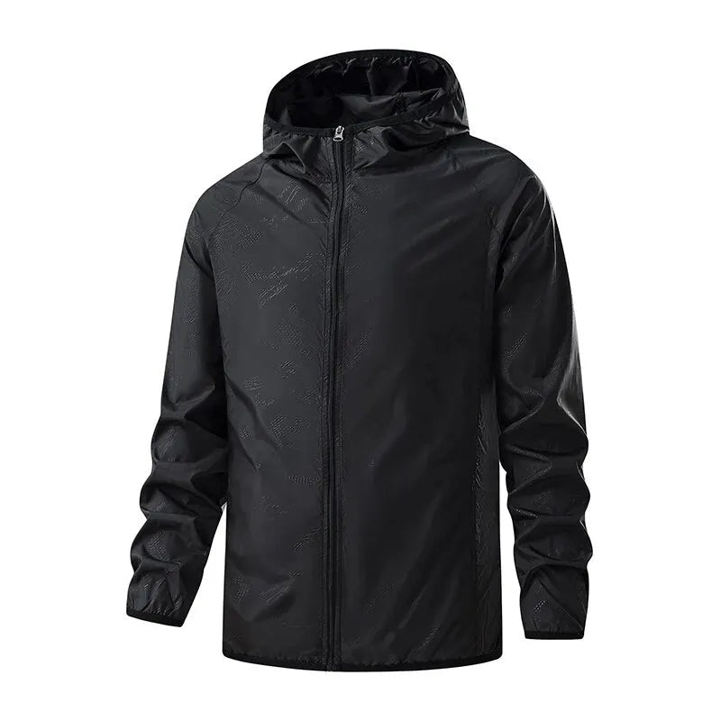 Black hooded zip-up jacket on mannequin, front view, solid color | Chaps London