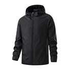 Black hooded zip-up jacket on mannequin, front view, solid color | Chaps London