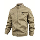 Khaki cotton field jacket with stand collar, zip pockets, mannequin display | Chaps London