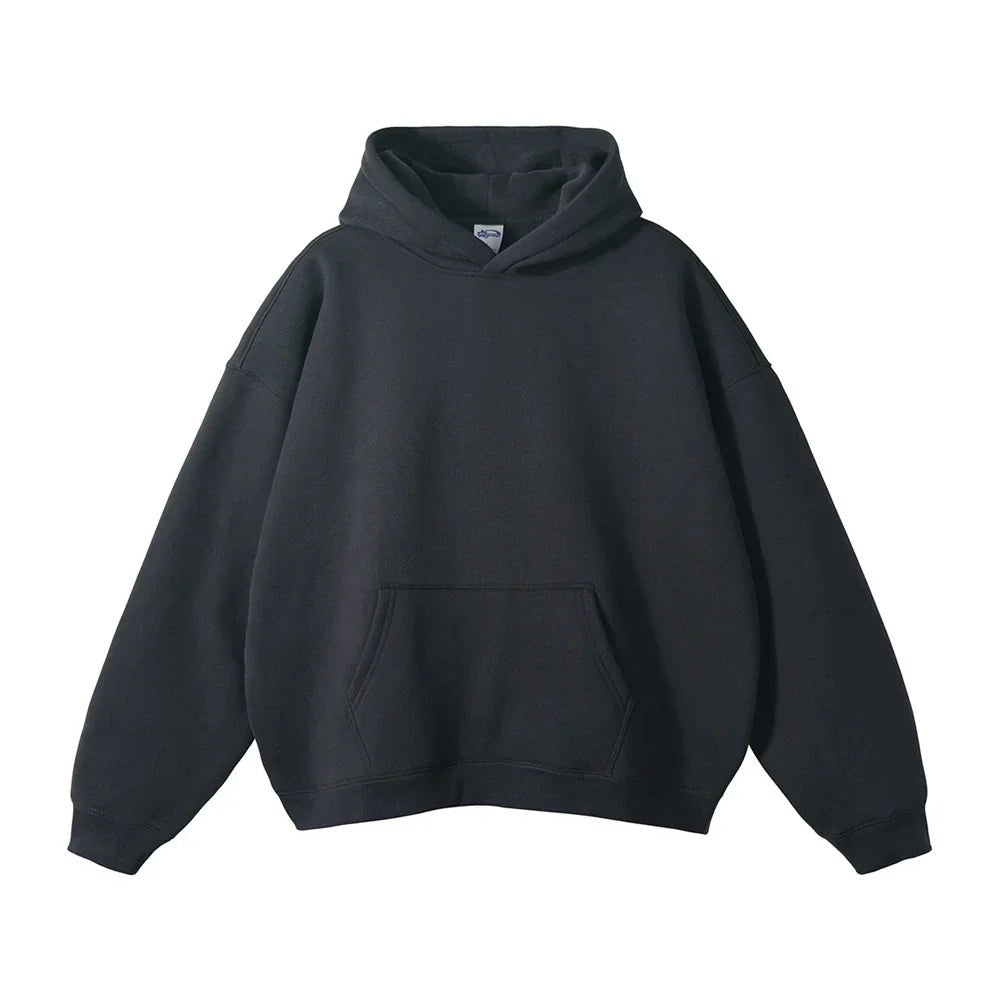 Black pullover hoodie with kangaroo pocket, shown flat, front view | Chaps London