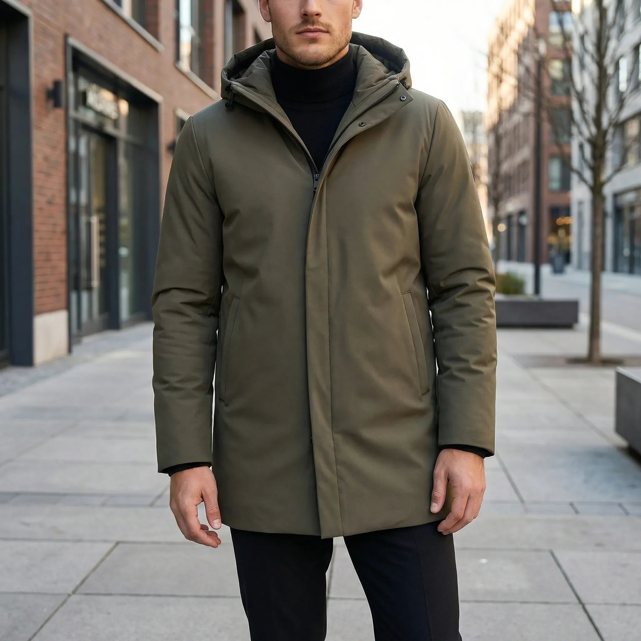 Man wearing olive green hooded coat, zipped, standing on city sidewalk | Chaps London