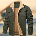Olive green sherpa-lined trucker jacket with snap buttons, shown open on mannequin | Chaps London