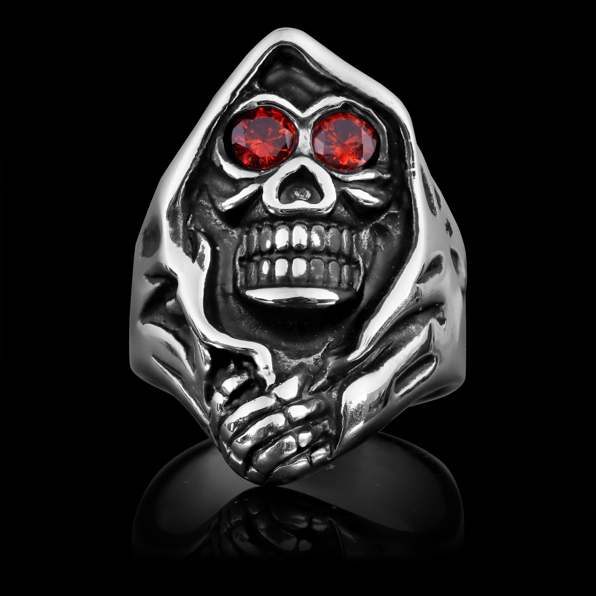 Silver ring with hooded skull design and red gemstone eyes, shown standalone | Chaps London