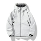 White hooded zip-up jacket with black zippers, shown flat on white background | Chaps London