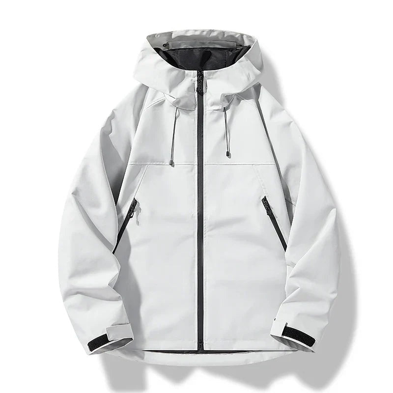 White hooded zip-up jacket with black zippers, shown flat on white background | Chaps London