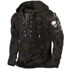 Dark distressed hoodie with lace-up neckline and skull patch on mannequin | Chaps London