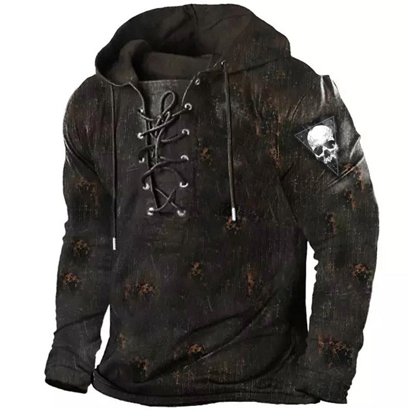 Dark distressed hoodie with lace-up neckline and skull patch on mannequin | Chaps London