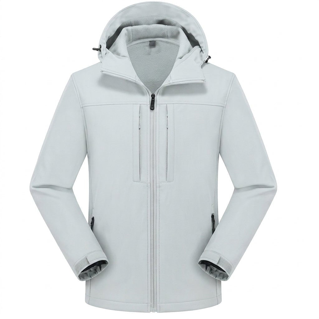 Light gray hooded softshell jacket with zip pockets, shown flat | Chaps London