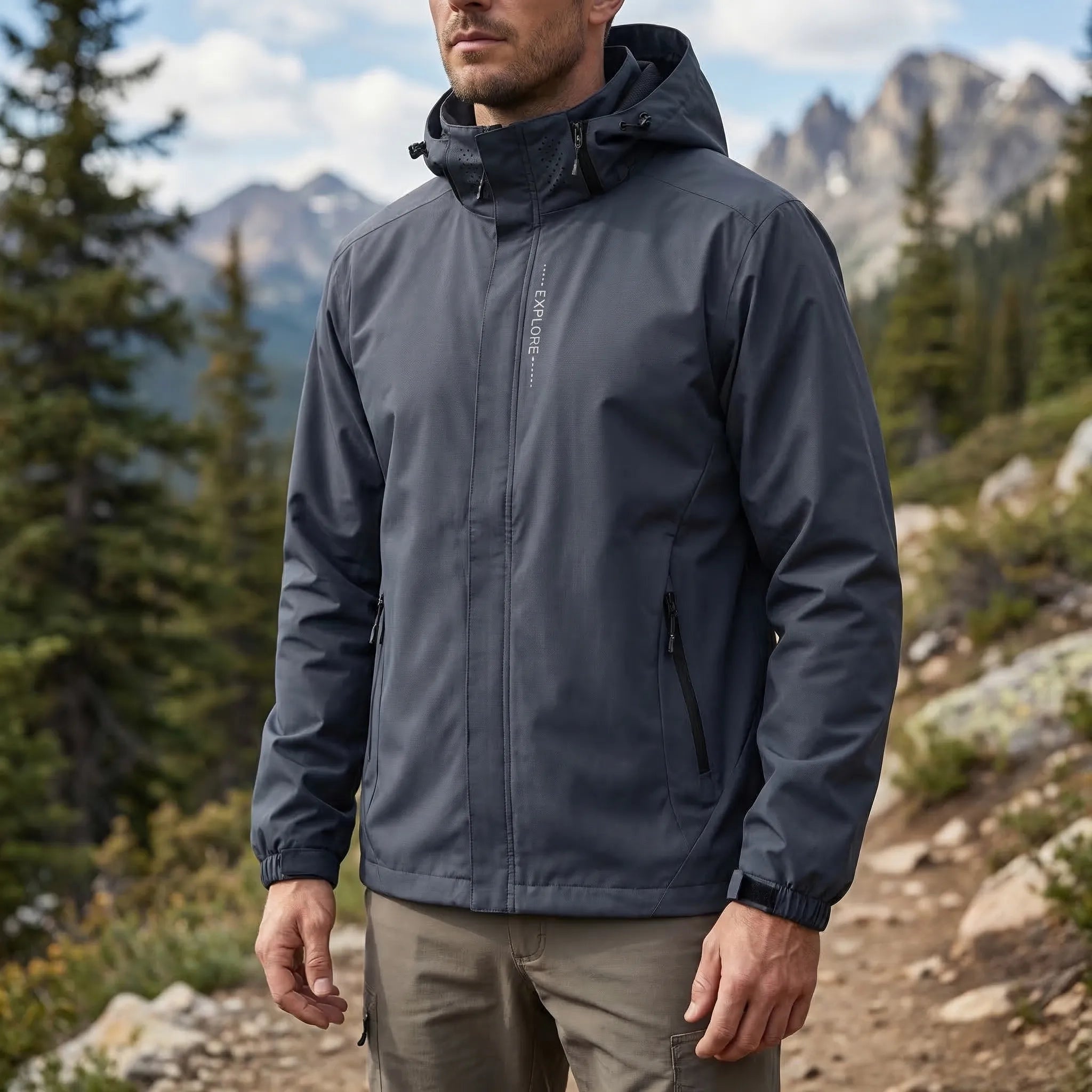 Man wearing gray hooded rain jacket on mountain hiking trail | Chaps London