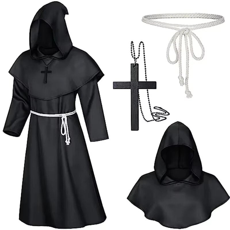 Black hooded monk robe with rope belt and cross necklace displayed flat | Chaps London