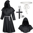 Black hooded monk robe with rope belt and cross necklace displayed flat | Chaps London