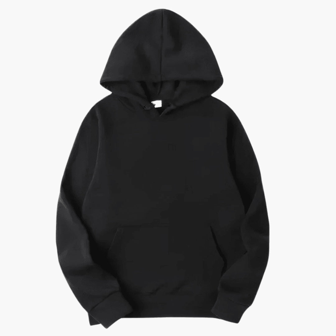 Black pullover hoodie with kangaroo pocket, laid flat, plain fleece fabric | Chaps London