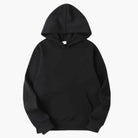 Black pullover hoodie with kangaroo pocket, laid flat, plain fleece fabric | Chaps London