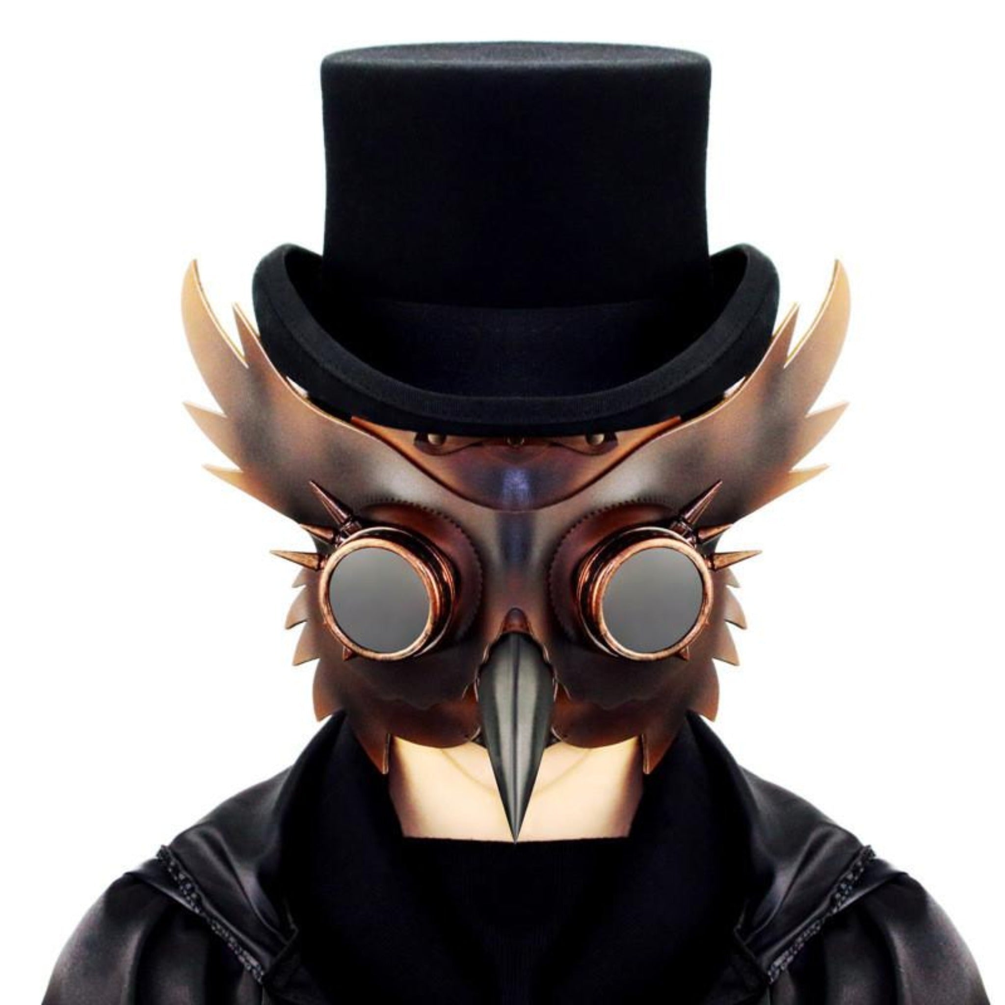 Brown owl plague doctor mask with goggles worn on mannequin with top hat | Chaps London