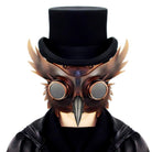 Brown owl plague doctor mask with goggles worn on mannequin with top hat | Chaps London