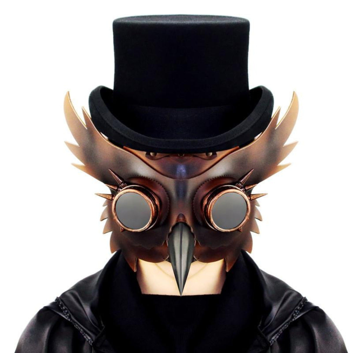 Brown owl plague doctor mask with goggles worn on mannequin with top hat | Chaps London