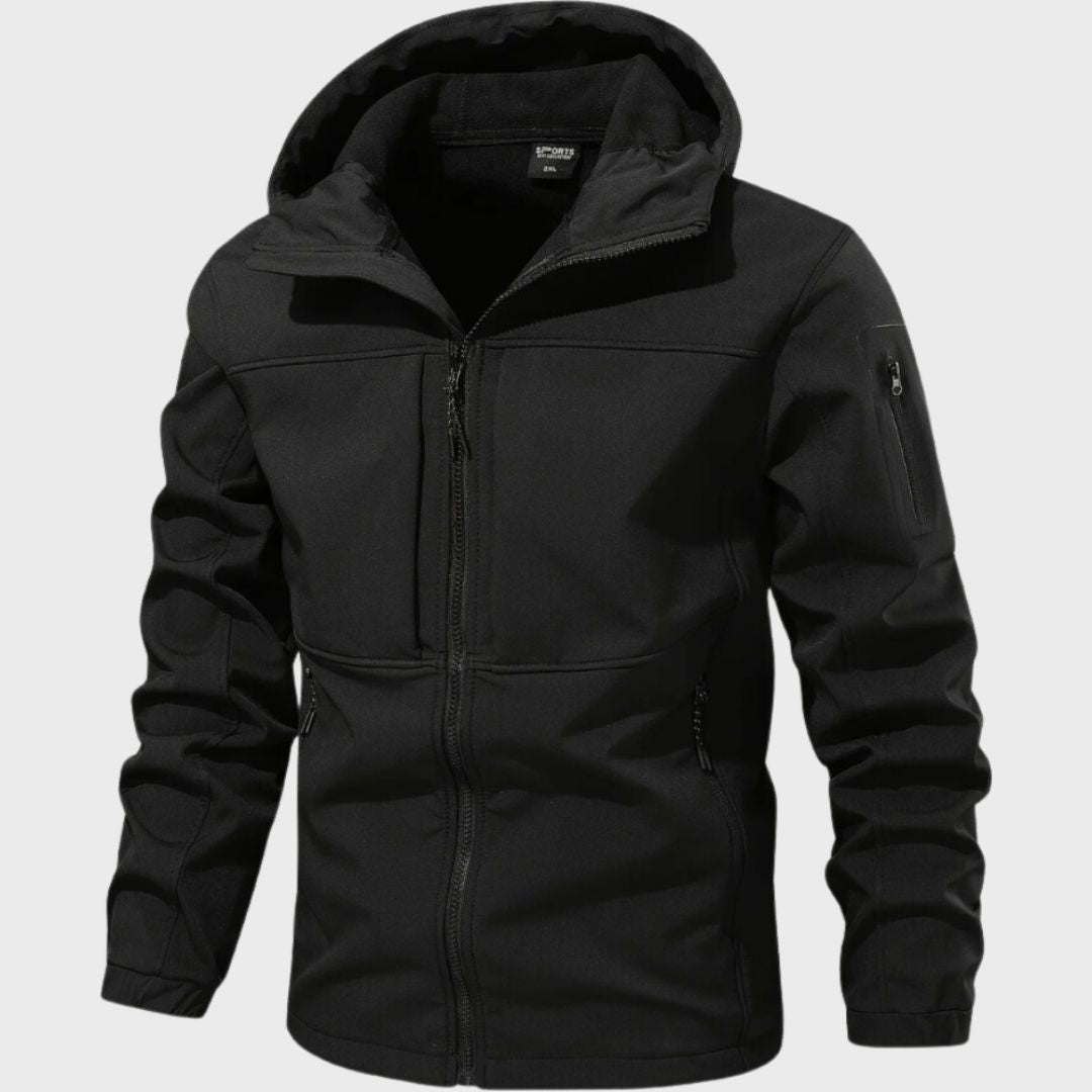 Black hooded softshell jacket with zip pockets, shown flat on display | Chaps London