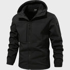 Black hooded softshell jacket with zip pockets, shown flat on display | Chaps London
