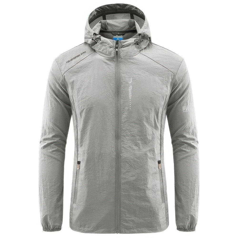 Gray hooded zip-up jacket worn by a person, front view | Chaps London