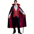 Man wearing red vampire costume with high-collar cape and ruffled shirt | Chaps London