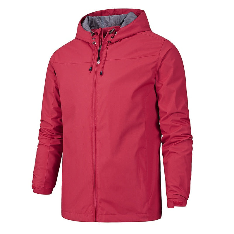Red hooded zip-up jacket worn by a man, front view | Chaps London