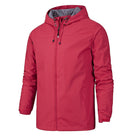 Red hooded zip-up jacket worn by a man, front view | Chaps London