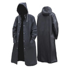 Black hooded raincoat with press studs, shown front and back on mannequins | Chaps London