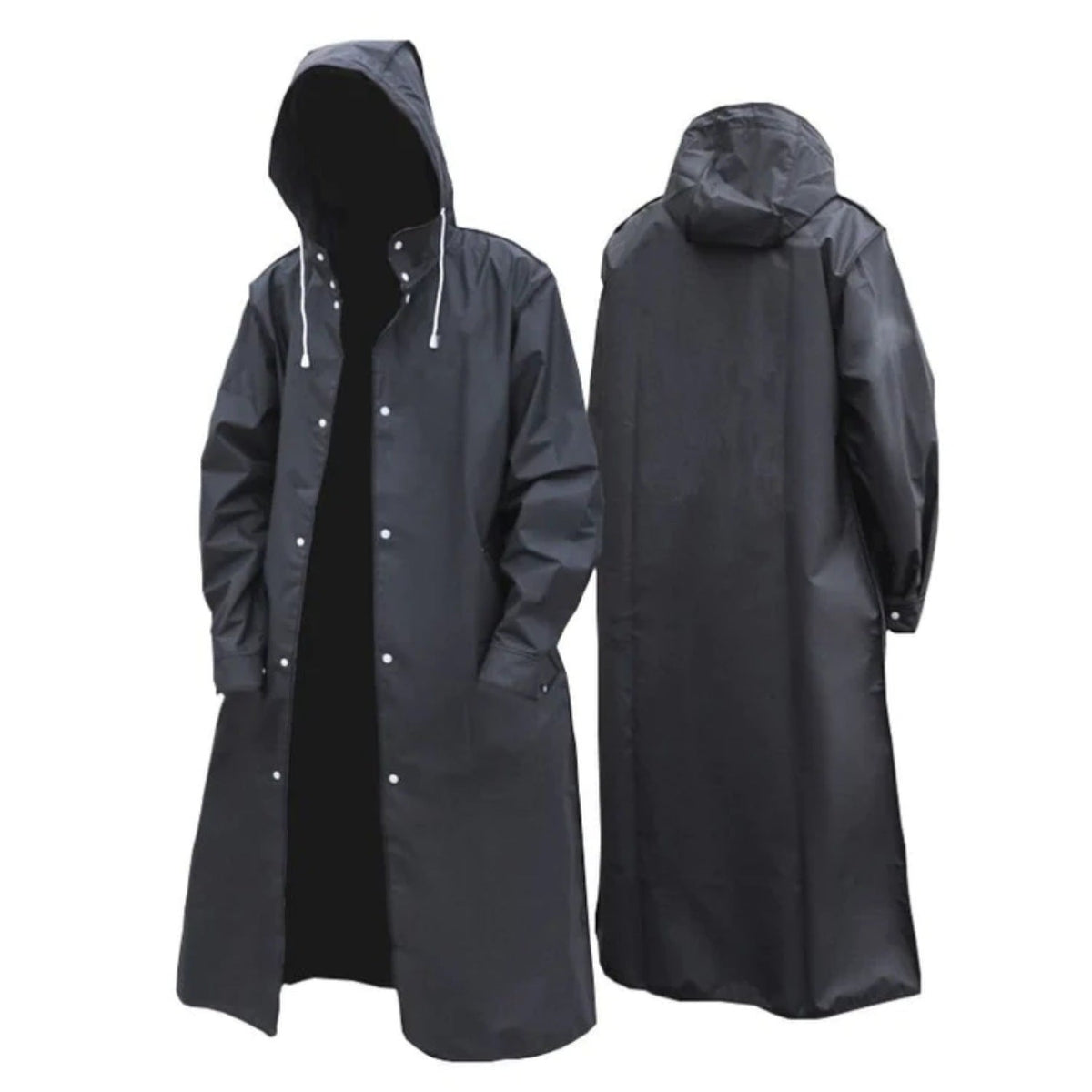 Black hooded raincoat with press studs, shown front and back on mannequins | Chaps London
